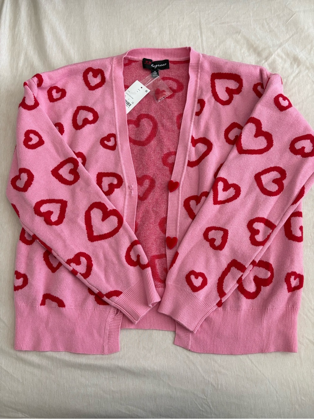 32 Degrees Pink Cardigan with Red Heart Print
